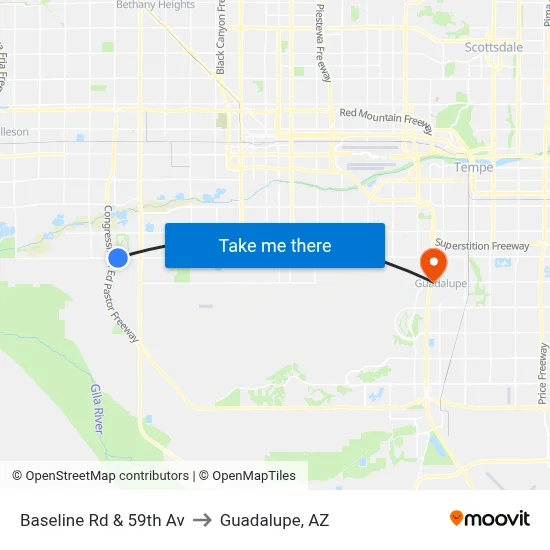 Baseline Rd & 59th Av to Guadalupe, AZ map