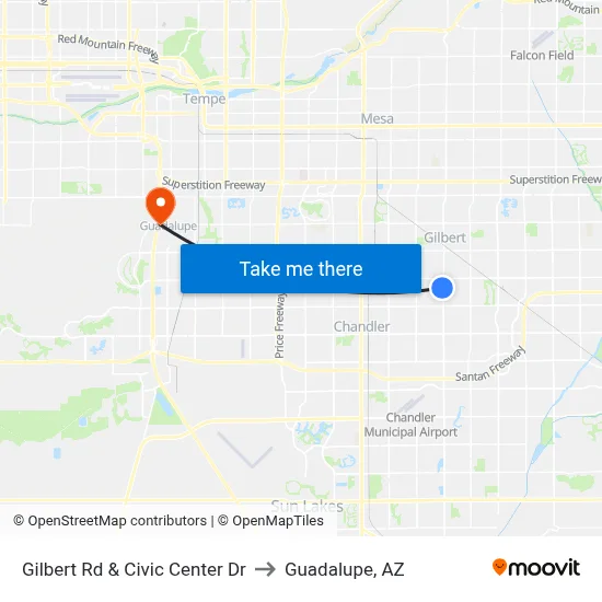 Gilbert Rd & Civic Center Dr to Guadalupe, AZ map
