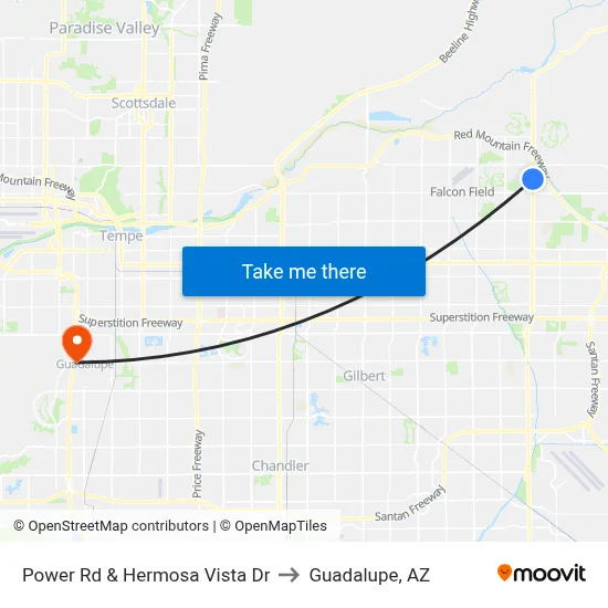 Power Rd & Hermosa Vista Dr to Guadalupe, AZ map