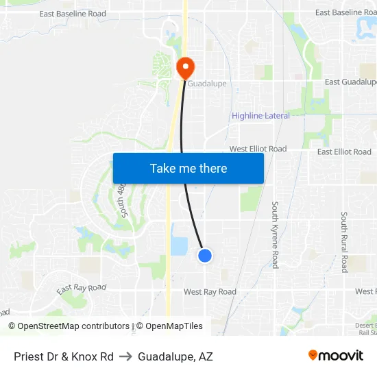 Priest Dr & Knox Rd to Guadalupe, AZ map