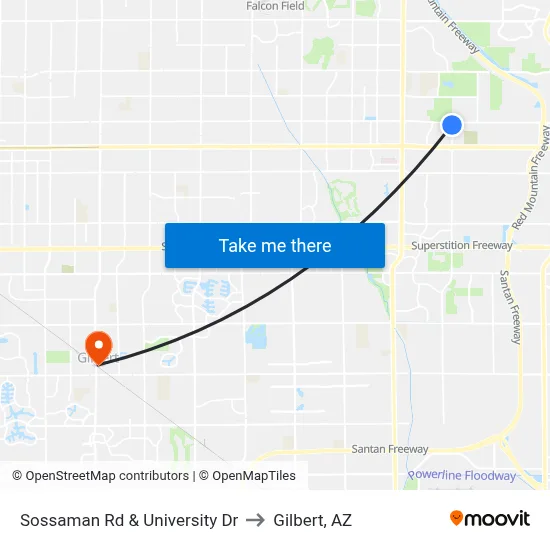 Sossaman Rd & University Dr to Gilbert, AZ map