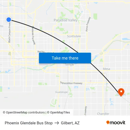Phoenix Glendale Bus Stop to Gilbert, AZ map
