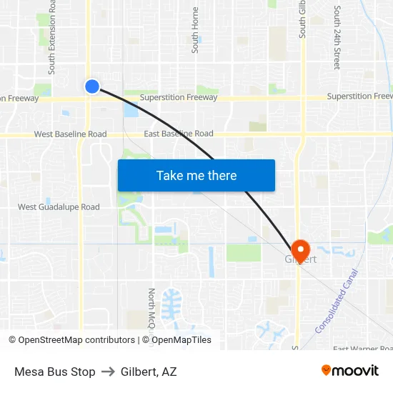 Mesa Bus Stop to Gilbert, AZ map
