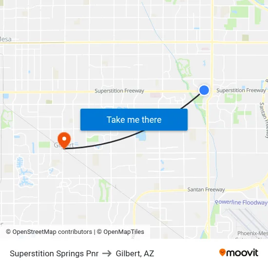 Superstition Springs Pnr to Gilbert, AZ map