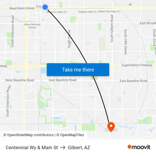 Centennial Wy & Main St to Gilbert, AZ map