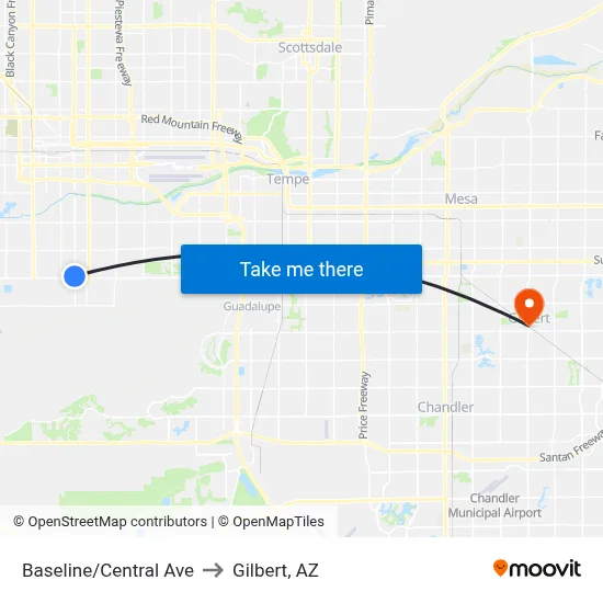 Baseline/Central Ave to Gilbert, AZ map
