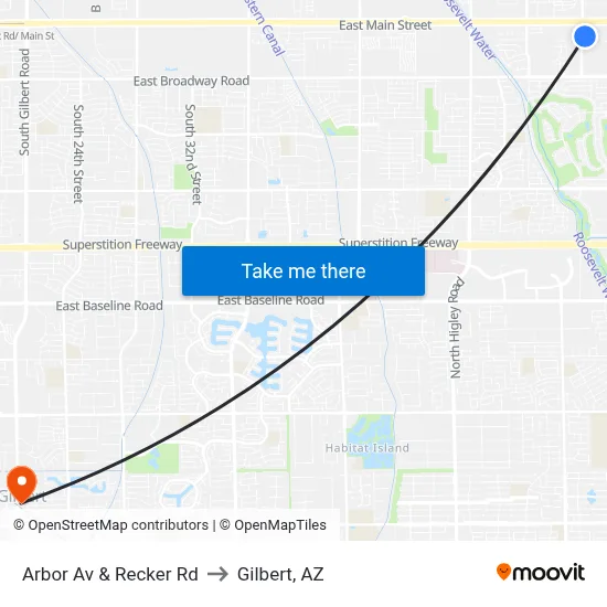 Arbor Av & Recker Rd to Gilbert, AZ map