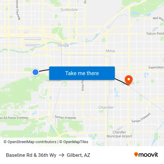 Baseline Rd & 36th Wy to Gilbert, AZ map