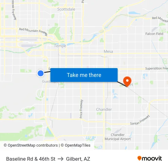 Baseline Rd & 46th St to Gilbert, AZ map