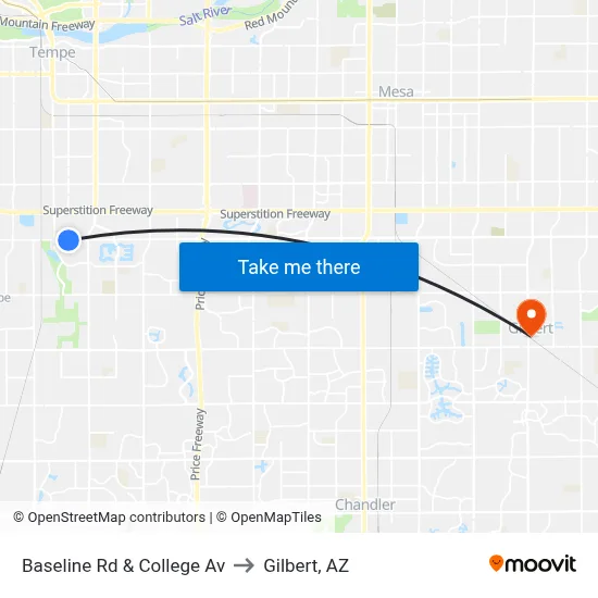 Baseline Rd & College Av to Gilbert, AZ map