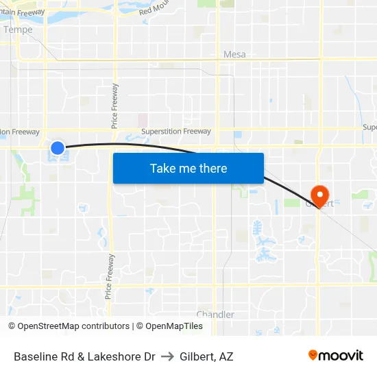 Baseline Rd & Lakeshore Dr to Gilbert, AZ map