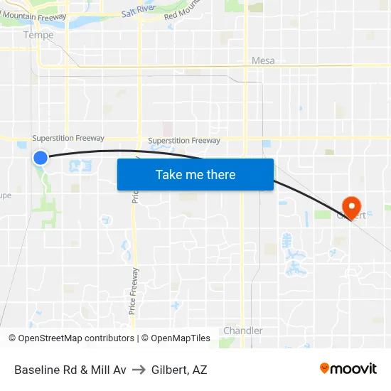 Baseline Rd & Mill Av to Gilbert, AZ map