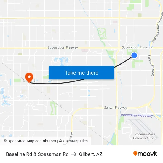 Baseline Rd & Sossaman Rd to Gilbert, AZ map