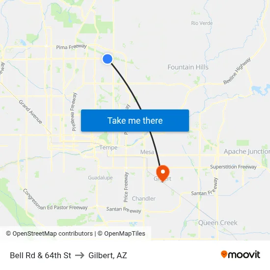 Bell Rd & 64th St to Gilbert, AZ map