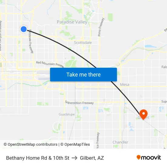 Bethany Home Rd & 10th St to Gilbert, AZ map