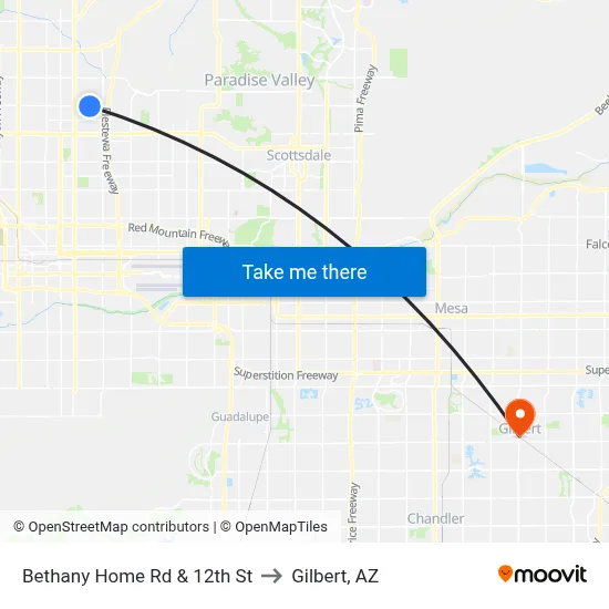 Bethany Home Rd & 12th St to Gilbert, AZ map