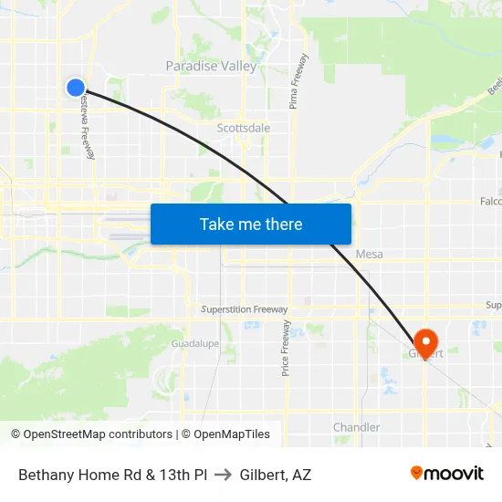 Bethany Home Rd & 13th Pl to Gilbert, AZ map