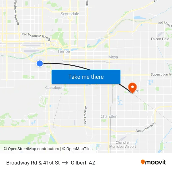 Broadway Rd & 41st St to Gilbert, AZ map