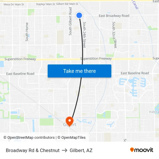 Broadway Rd & Chestnut to Gilbert, AZ map