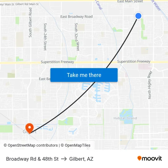 Broadway Rd & 48th St to Gilbert, AZ map