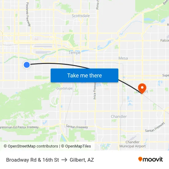 Broadway Rd & 16th St to Gilbert, AZ map