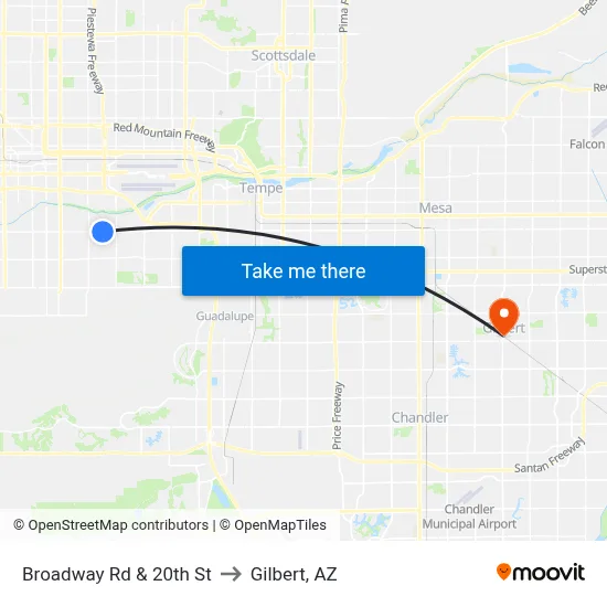 Broadway Rd & 20th St to Gilbert, AZ map