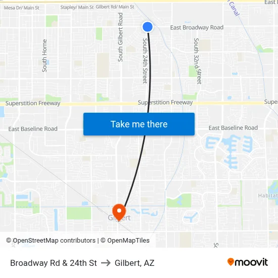 Broadway Rd & 24th St to Gilbert, AZ map