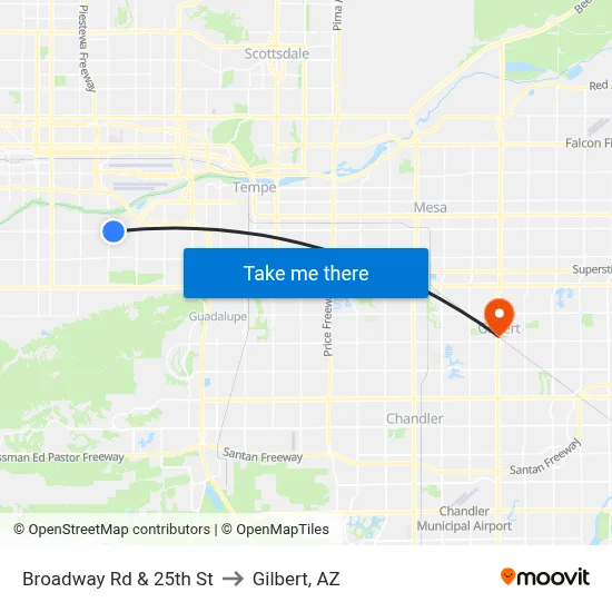 Broadway Rd & 25th St to Gilbert, AZ map