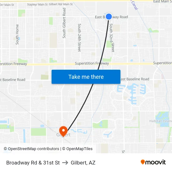 Broadway Rd & 31st St to Gilbert, AZ map