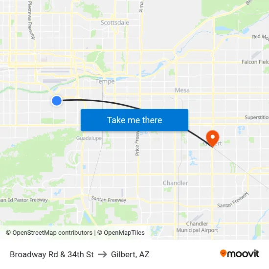 Broadway Rd & 34th St to Gilbert, AZ map