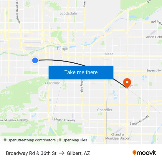 Broadway Rd & 36th St to Gilbert, AZ map