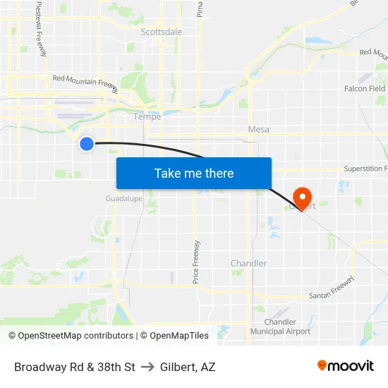 Broadway Rd & 38th St to Gilbert, AZ map