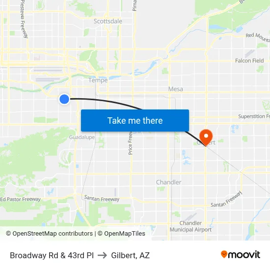 Broadway Rd & 43rd Pl to Gilbert, AZ map