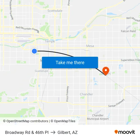 Broadway Rd & 46th Pl to Gilbert, AZ map