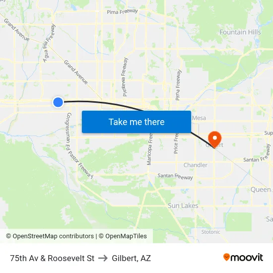 75th Av & Roosevelt St to Gilbert, AZ map