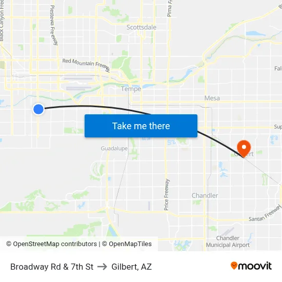 Broadway Rd & 7th St to Gilbert, AZ map