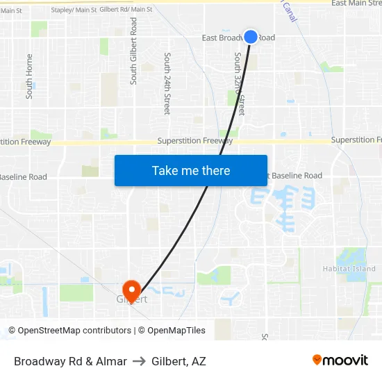 Broadway Rd & Almar to Gilbert, AZ map
