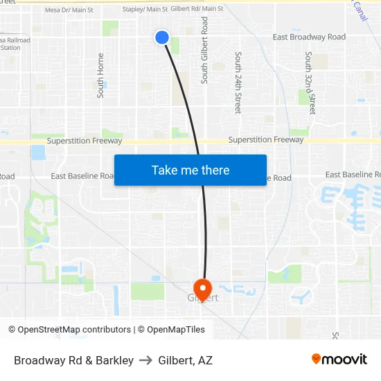 Broadway Rd & Barkley to Gilbert, AZ map