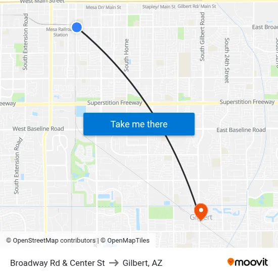 Broadway Rd & Center St to Gilbert, AZ map