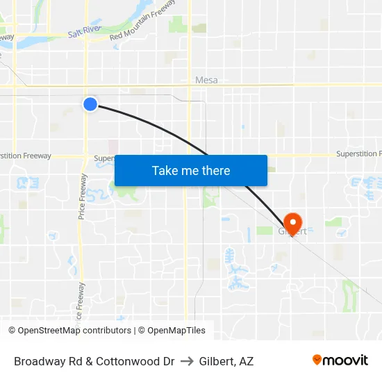 Broadway Rd & Cottonwood Dr to Gilbert, AZ map