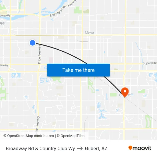 Broadway Rd & Country Club Wy to Gilbert, AZ map
