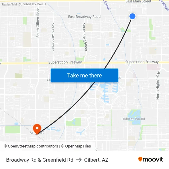 Broadway Rd & Greenfield Rd to Gilbert, AZ map