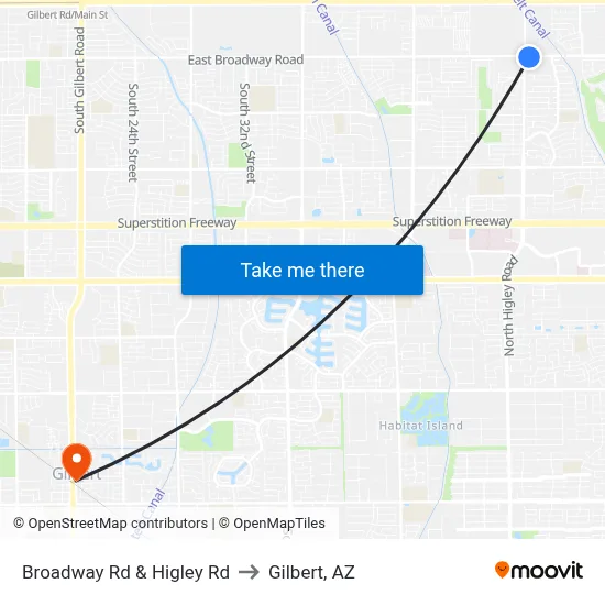 Broadway Rd & Higley Rd to Gilbert, AZ map