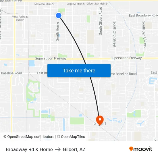 Broadway Rd & Horne to Gilbert, AZ map
