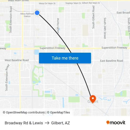 Broadway Rd & Lewis to Gilbert, AZ map