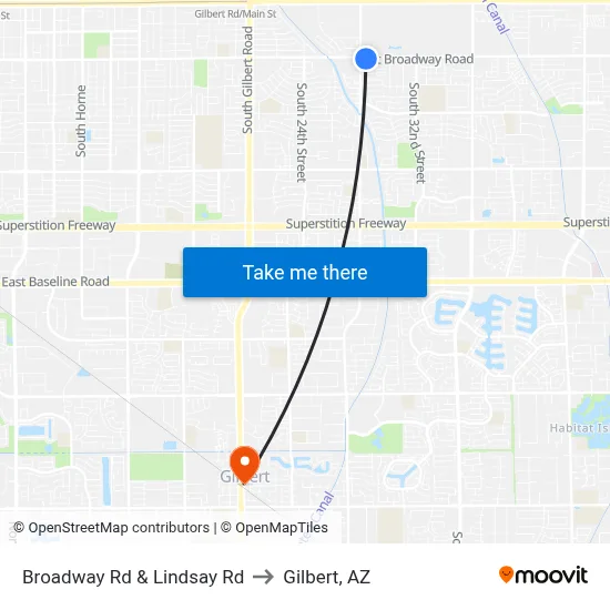 Broadway Rd & Lindsay Rd to Gilbert, AZ map