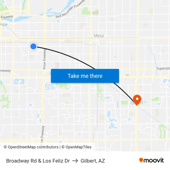 Broadway Rd & Los Feliz Dr to Gilbert, AZ map