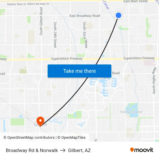 Broadway Rd & Norwalk to Gilbert, AZ map