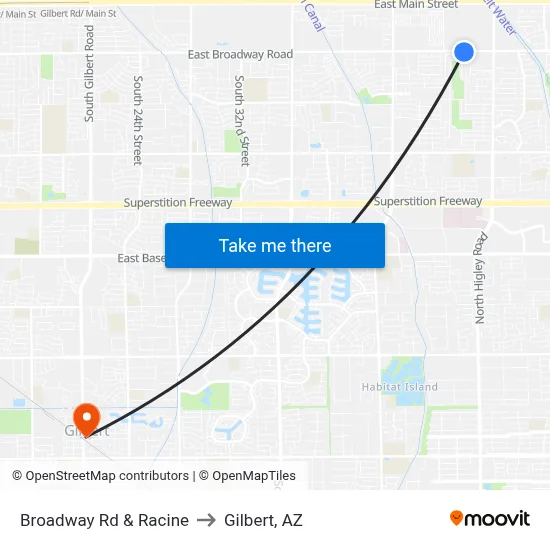 Broadway Rd & Racine to Gilbert, AZ map