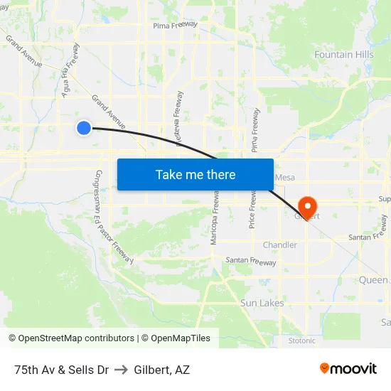 75th Av & Sells Dr to Gilbert, AZ map